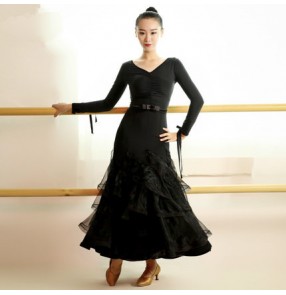 Black long sleeves v neck with sashes women's ladies female long length competition performance ballroom tango waltz dance dresses outfits dancewear